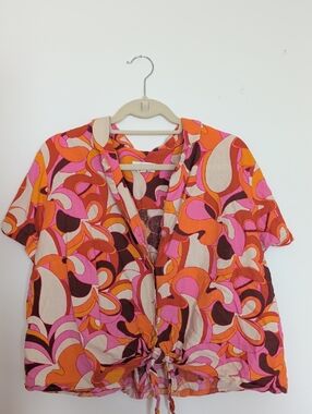 Ava & viv Women’s Pink & Orange Retro Tie-Front Blouse